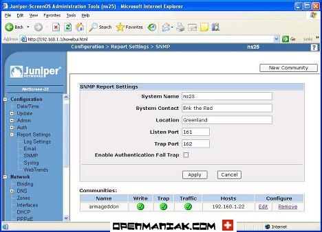 Juniper ScreenOS Administration Tools (ns25) configuration report settings SNMP