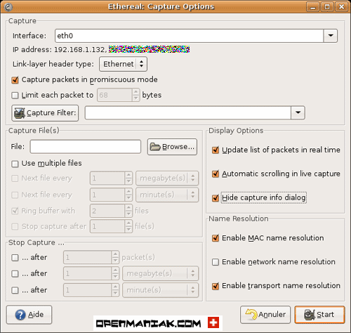 Wireshark Ethereal Capture options