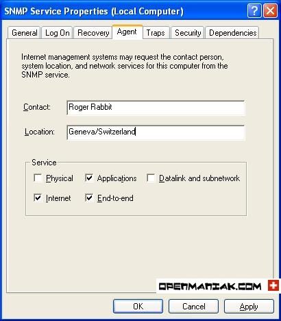 SNMP Service Properties (Local Computer) Agent Tab