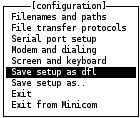 minicom configuration save setup as dfl