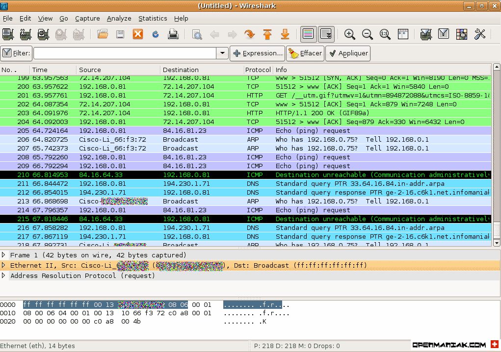 the three wireshark windows for analyzing packets are